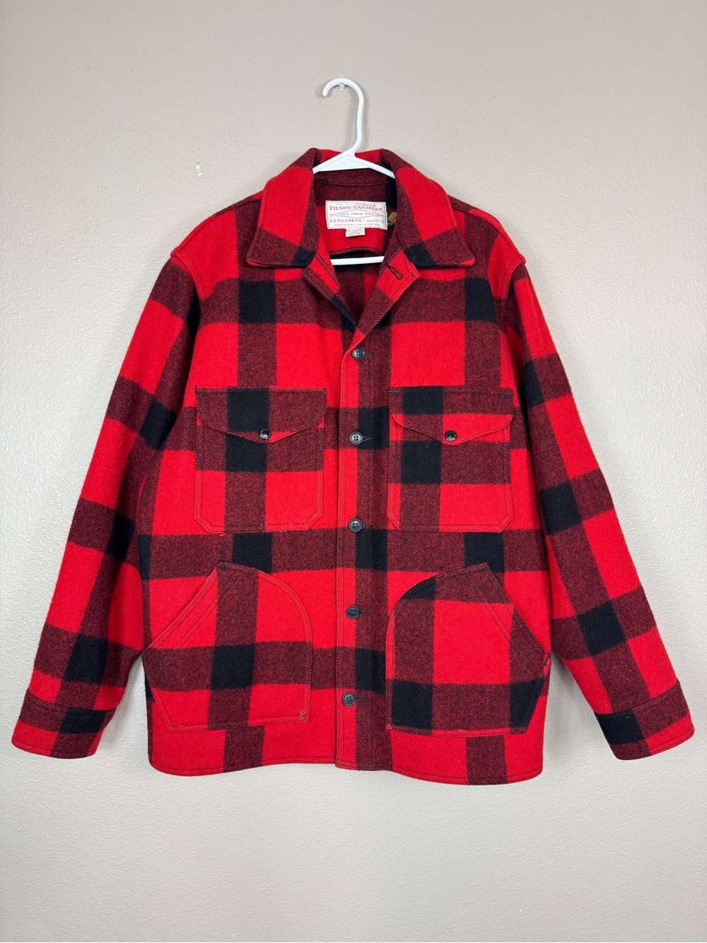 Filson Garment vintage Buffalo Plaid Wool Mackinaw Cruiser Jacket size 44